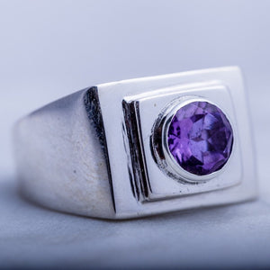 Mens statement ring, silver Alexandrite signet style ring, purple and blue color gemstone ring