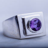 Mens statement ring, silver Alexandrite signet style ring, purple and blue color gemstone ring