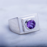 Mens statement ring, silver Alexandrite signet style ring, purple and blue color gemstone ring