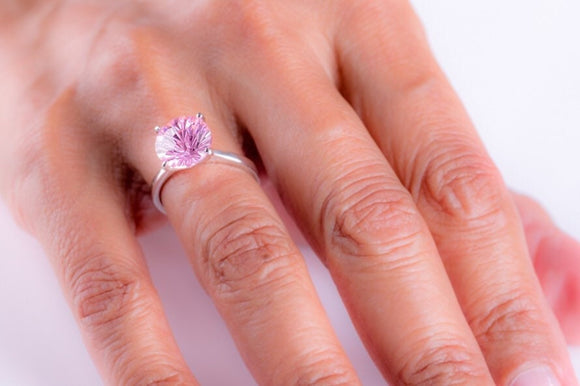 Pink crystal ring, silver pink solitaire faceted ring, gift for her