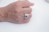 Mens statement ring, silver Alexandrite signet style ring, purple and blue color gemstone ring