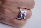 Mens statement ring, silver Alexandrite signet style ring, purple and blue color gemstone ring