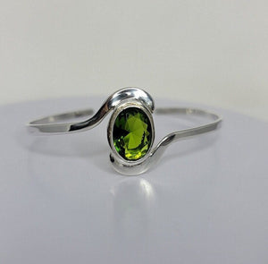 Peridot Cuff Bracelet, unique birthstone gift, Oval August green gemstone, set in sterling silver