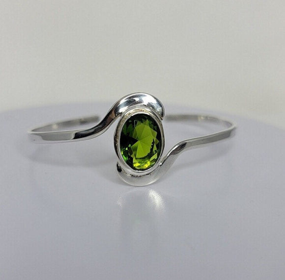 Peridot Cuff Bracelet, unique birthstone gift, Oval August green gemstone, set in sterling silver