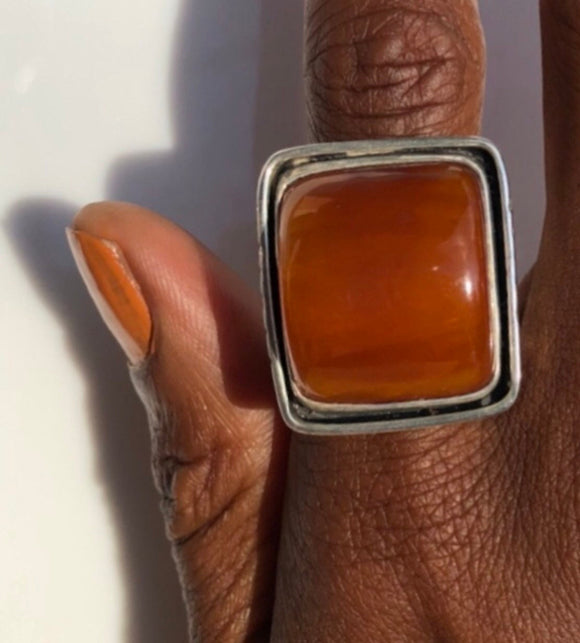 Statement amber ring, Moroccan amber stone, handcrafted detailing In silver, unique design, one of a kind
