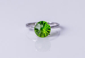 Green crystal ring, silver solitaire peridot color faceted ring, gift for her