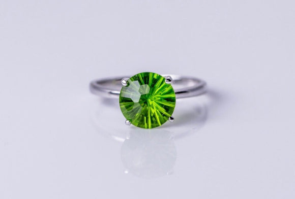 Green crystal ring, silver solitaire peridot color faceted ring, gift for her