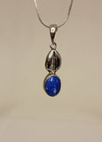 Blue lapis lazuli necklace, handmade gift in sterling silver, Cowrie shell, casted in silver with oval stone for leadership
