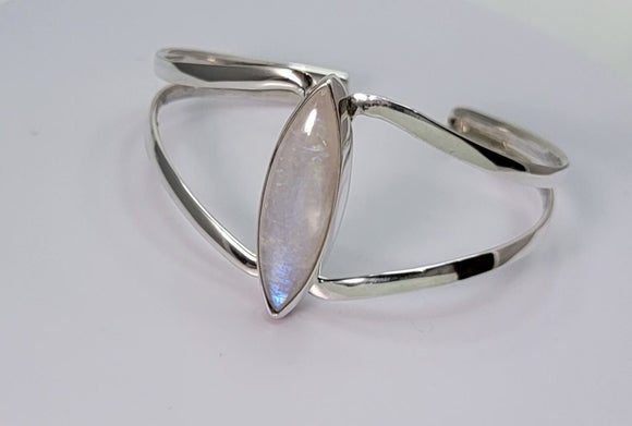 Moonstone bracelet, 3rd anniversary gift, sterling silver cuff, marquise shaped rainbow moonstone bracelet