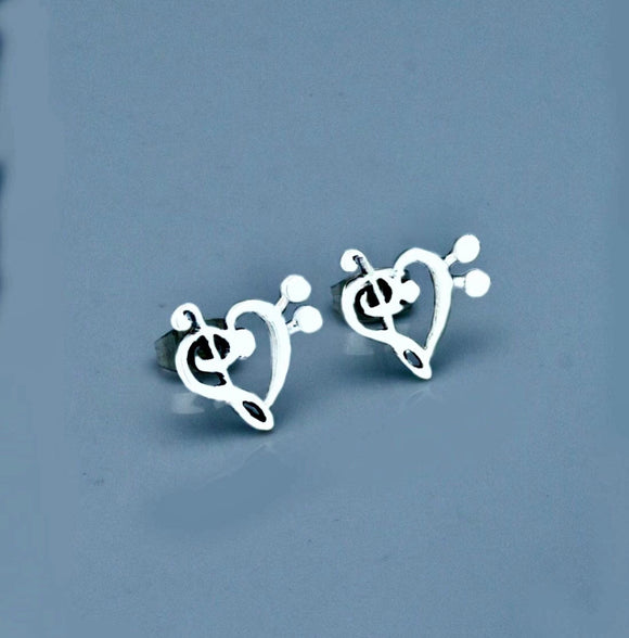 Music heart treble and bass stud earrings in sterling silver, Cool Heart stud earrings, Handmade music heart jewelry, gift for music lover