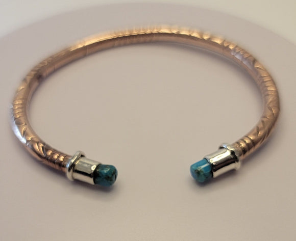 Adjustable cuff bracelet, with Turquoise ends, copper and sterling silver mixed metal, handmade jewelry gift