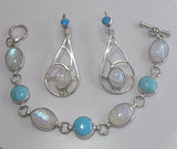 Silver drop earrings, moonstone and turquoise accents, healing and new years gift for her, December birthstone
