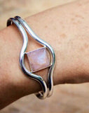 Silver cuff bracelet, rose quartz pyramid, 5th anniversary gift, Egyptian jewelry, Christmas gift