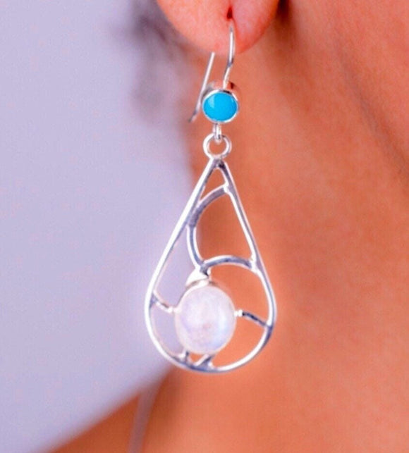 Silver drop earrings, moonstone and turquoise accents, healing and new years gift for her, December birthstone