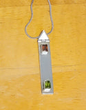 Modern necklace, Sterling silver pendant  with green and red crystals, Rectangle pendant with stones