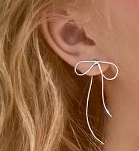 Sterling silver ribbon earrings, Ribbon bow drop earring, elegant earring gift for her