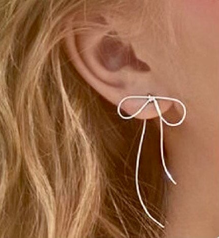 Sterling silver ribbon earrings, Ribbon bow drop earring, elegant earring gift for her