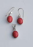 Red Coral Drop earrings and pendant set, sterling silver, gift for her