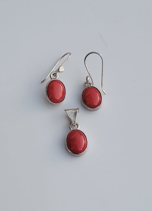 Red Coral Drop earrings and pendant set, sterling silver, gift for her