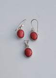 Red Coral Drop earrings and pendant set, sterling silver, gift for her