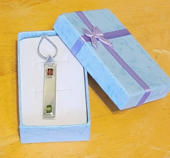 Modern necklace, Sterling silver pendant  with green and red crystals, Rectangle pendant with stones
