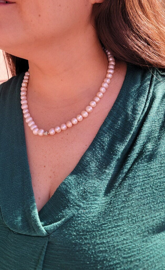 Blush Pearl Necklace, single strand, 55 blush pearls, June birthstone, freshwater Pearls silver accent