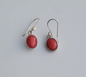 Red Coral Drop earrings, sterling silver, gift for her