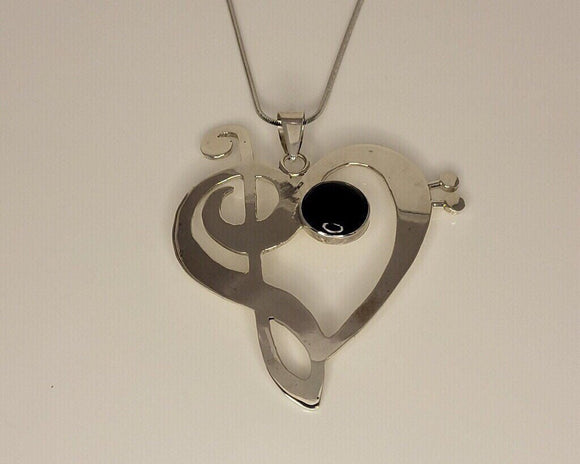Bold Silver Necklace, heart Pendant, Gift for DJ,  Musical Love necklace