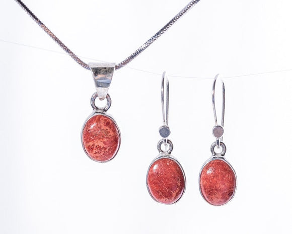 Coral Drop earrings and pendant set, sterling silver, gift for her