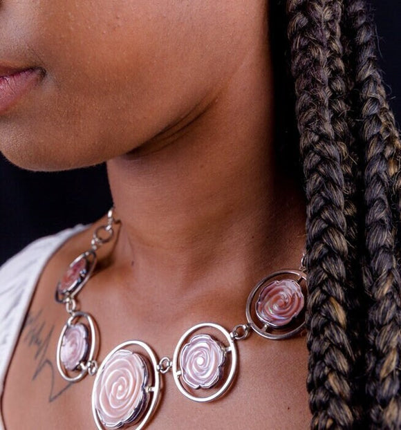 Floral Jewelry Set, Pink Oyster shell hand carved set in sterling silver