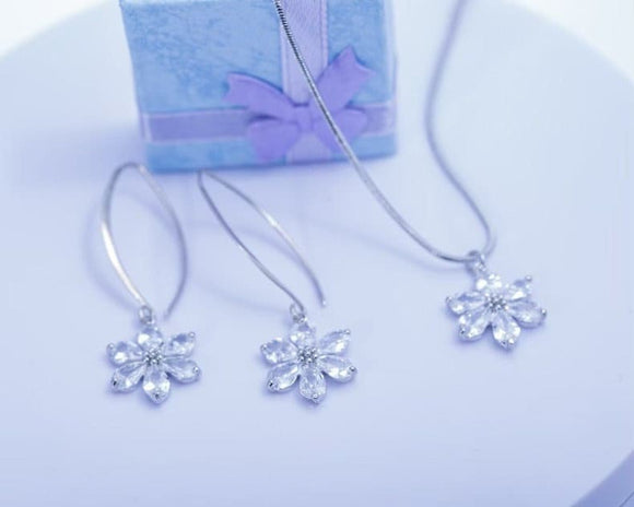 Sterling Silver Crystal Pendant Necklace Dangle Earrings Set Flower Fine Jewelry Gift For Her Handmade