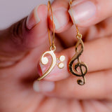 Gold Music drop earrings, Treble and  Bass Clef in opposite ears, handmade Chester Allen's unique music jewelry art