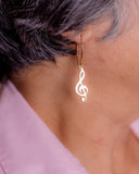 Gold Music drop earrings, Treble and  Bass Clef in opposite ears, handmade Chester Allen's unique music jewelry art