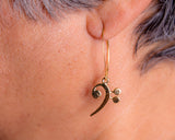 Gold Music drop earrings, Treble and  Bass Clef in opposite ears, handmade Chester Allen's unique music jewelry art