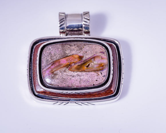 Purple and brown statement pendant set in sterling silver unisex handmade one of a kind gemstone and wooden jewelry