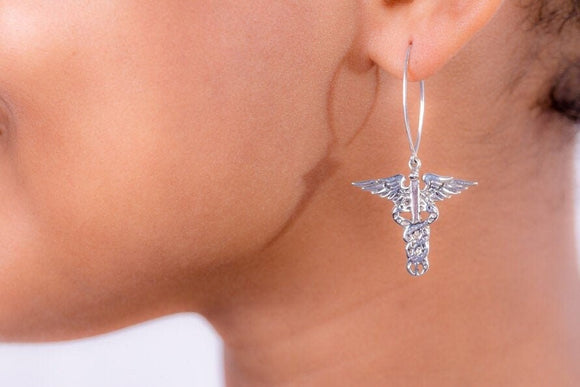Medical Earrings, Sterling silver Caduceus handmade jewelry,  Great gift for a physician, nurse, medical student graduate necklace or pin