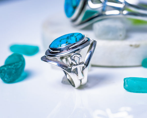 Silver Turquoise ring, ankh statement band with oval blue lapis stone, December birthstone,handmade, one of a kind jewelry, Egyptian jewelry