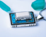 Turquoise and upcycled Ivory set in sterling silver rectangular pendant,  December birthstone