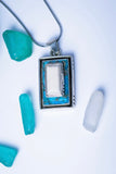 Turquoise and upcycled Ivory set in sterling silver rectangular pendant,  December birthstone