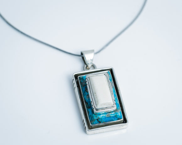 Turquoise and upcycled Ivory set in sterling silver rectangular pendant,  December birthstone