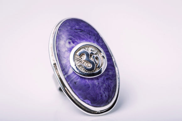Purple Om ring, sterling silver, meditation jewelry, Hindu symbol, aum symbol, call to the universe, seed mantra, connects 7th crown chakra