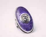 Purple Om ring, sterling silver, meditation jewelry, Hindu symbol, aum symbol, call to the universe, seed mantra, connects 7th crown chakra