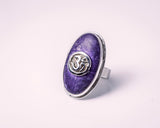 Purple Om ring, sterling silver, meditation jewelry, Hindu symbol, aum symbol, call to the universe, seed mantra, connects 7th crown chakra