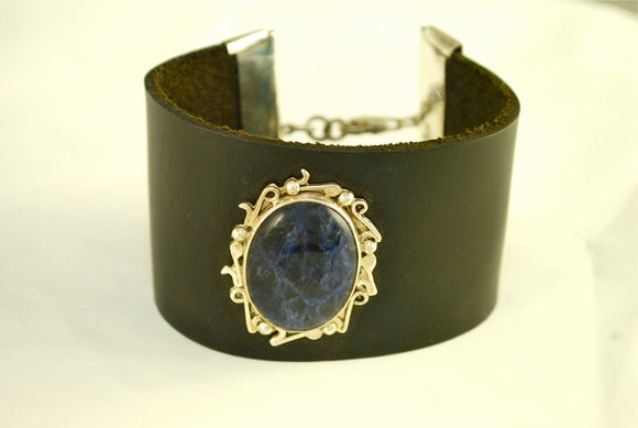 Leather and Silver Sodalite Music Bracelet_034