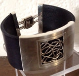 Gift for him, Wide Leather Silver bracelet unique Chester Allen Storm within design mens bracelet