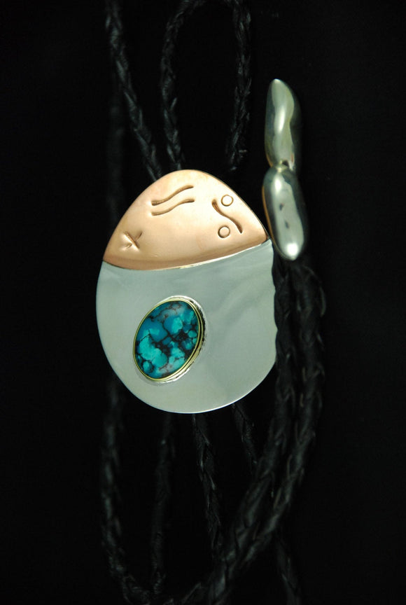 Mothers Day Gift, Silver men’s Bolo Turquoise silver and copper Bolo handmade design by Chester Allen